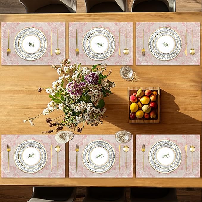 Pink Mandala Placemats Set of 6,Boho Flower Waterproof Non-Slip Washable Table Mats for Kitchen Dining Holiday Party Wedding Decor 12x18 Inch