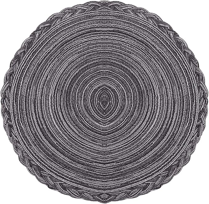 Indoor and Outdoor Round Cotton Placemat, Non Slip Round Braided Placemats Cotton Polyester Table Mats for Dining Tables 15 inch (Gray and Black, Set of 4)