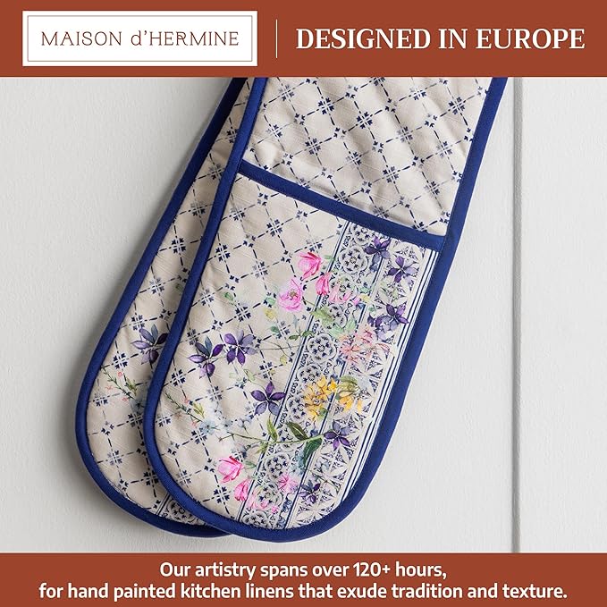 Maison d' Hermine Double Oven Mitts 100% Cotton 7"x35" Double Oven Mitt Heat Resistant BBQ Cooking Gloves with Loop Baking Grilling Gifts for Mothers Day Spring Summer (Faience)