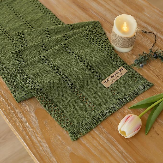 Keketoarrange Boho Sage Green Table Runner for Spring Home Decorations 12x90 Inches Farmhouse Macrame Woven Burlap Rustic Coffee Table Runner Dresser Scarf Dining Kitchen Centerpiece Bohemian Decor