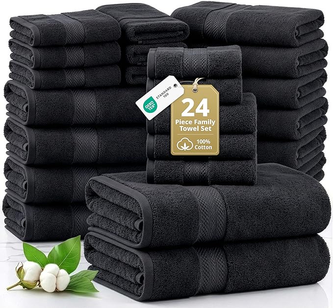Lane Linen Bathroom Towels Sets - 24 PCs - 100% Durable Cotton Towels - Absorbent & Quick Drying - 4 Bath, 4 Fingertip, 6 Hand Towel, 8 Washcloth, 2 Bath Sheet - Housewarming Essentials - Black Towels