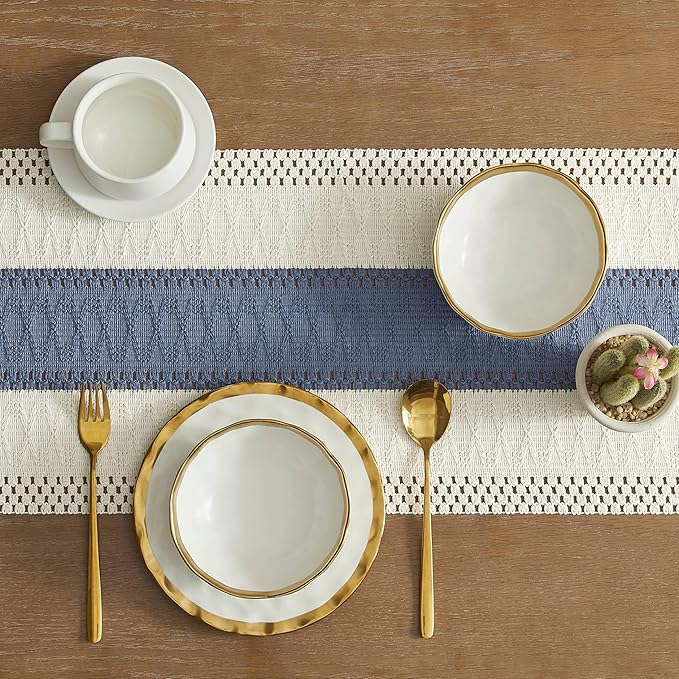 ZeeMart Macrame Style Bicolor Stitching Table Runner, 12 x 90 Inch Blue/Ivory, Boho Blue Table Runners 90 Inches Long, Farmhouse Woven Home Decor