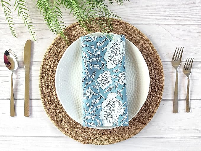 Soft Cotton Napkins 18x18 inches - Washable Thin Cloth Dinner Napkins Set of 6 - Everyday Use or Dinner Party and Events - Greyish Blue Floral Lightweight Indian Block Print Soft Fabric by Craftbot