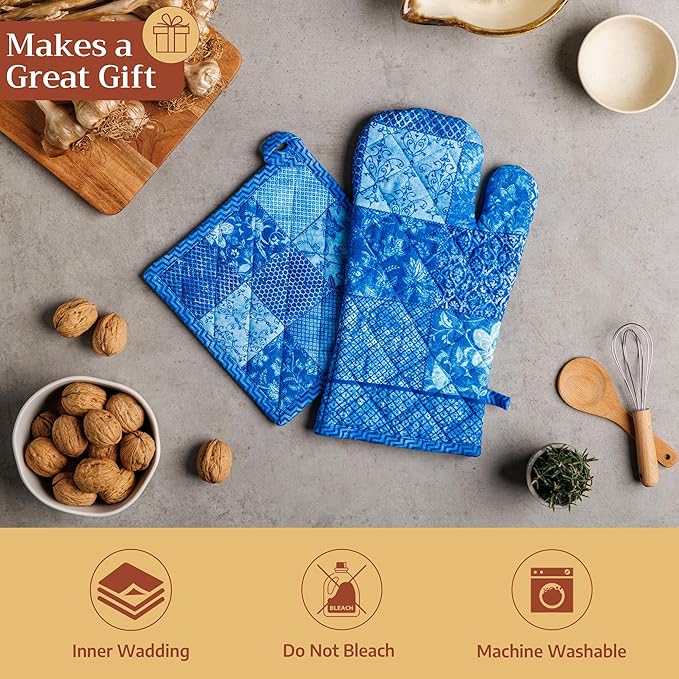 Maison d' Hermine Pot Holders 100% Cotton Heat Resistant Potholders 8" x 8" Hot Pads with Loop BBQ Cooking Baking Gifts for Mothers Day Handling Hot Pans Spring/Summer (Pack of 2, Indigo Love)