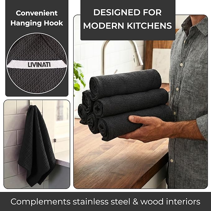 Highly Absorbent Cotton Dish Towels for Drying - Set of 6 Dark Gray Kitchen Towels - 18"X28" Lint Free Waffle Weave Cloth Linen Hand Bathroom Bulk Dishtowels