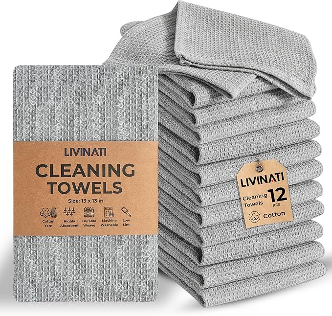 Light Gray Cotton Cleaning Rags For Housekeeping - Trapos Paños De Limpieza Reutilizables - Kitchen Bar Shop Towel Dish Mop Wash Cloth For House - Reusable Washable Absorbent - 13"x13" 12 Pack