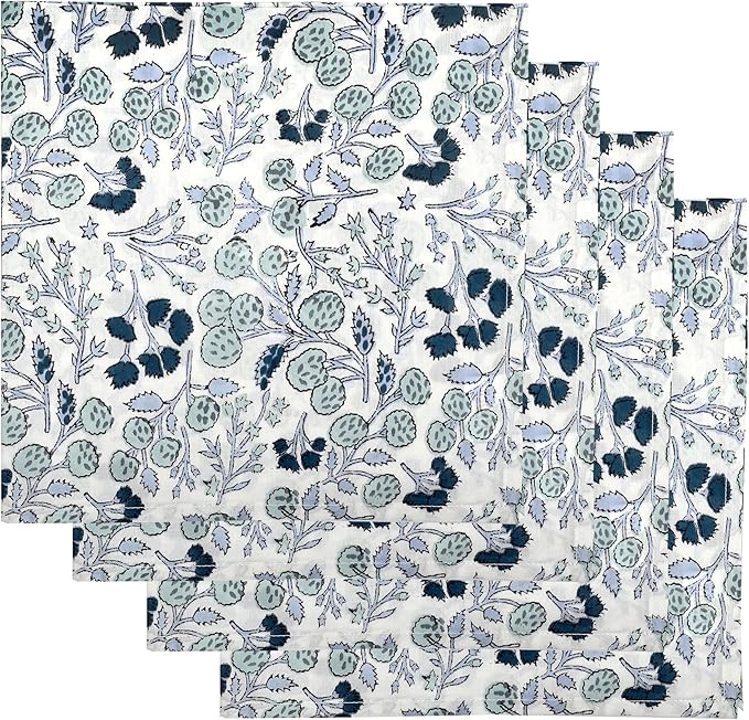 Ridhi Denim Blue Hand Block Print 100% Cotton Napkins 18" x 18" (Set of 4) Reuseable Kitchen Napkins Cloth Decor Dinner Party Wedding Cocktail Gift for Spring, Easter, Valentine