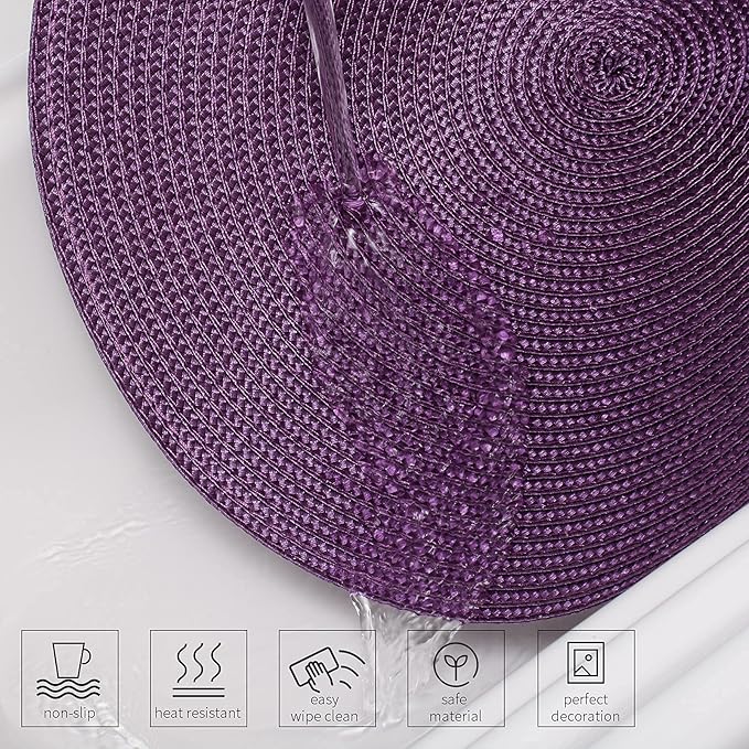 AHHFSMEI Round Placemats Set of 6 Heat Resistant Washable Non-Slip Woven Braided Table Mats for Dining Table Kitchen & Home Decor (Plum Purple)