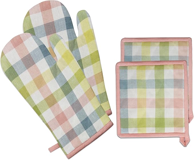 COTTON CRAFT Oven Mitt and Pot Holder Set - Gingham Buffalo Check 2 Oven Mitts 2 Pot Holders Set - Easter Spring Cotton Extra Long Mitt - Insulated Heat Resistant Quilted Kitchen Glove - Yellow Multi