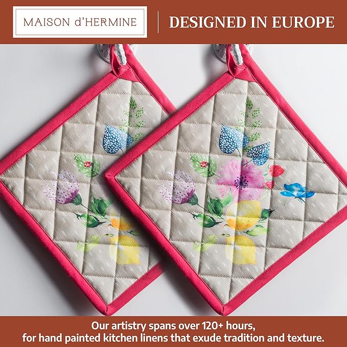 Maison d' Hermine Pot Holders 100% Cotton Heat Resistant Potholders 8" x 8" Hot Pads with Loop BBQ Cooking Gifts for Mothers Day Handling Hot Pans Spring/Summer (Pack of 2, Jardin D'Ete - Fog)