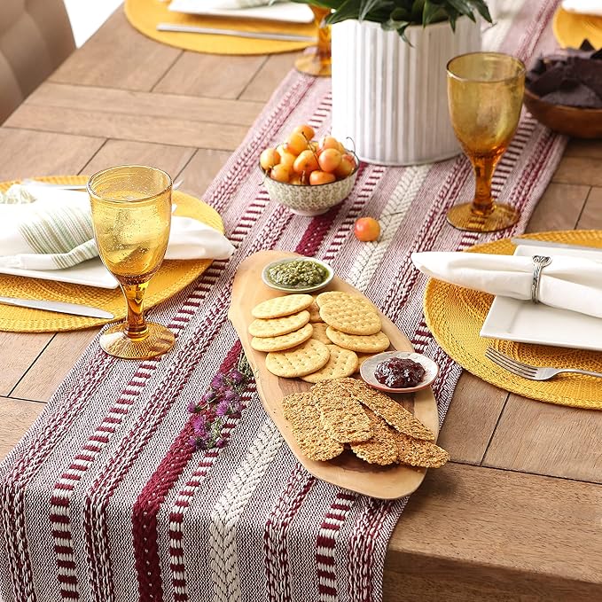 DII Farmhouse Braided Stripe Table Runner Collection, 15x108 (15x113, Fringe Included), Wine