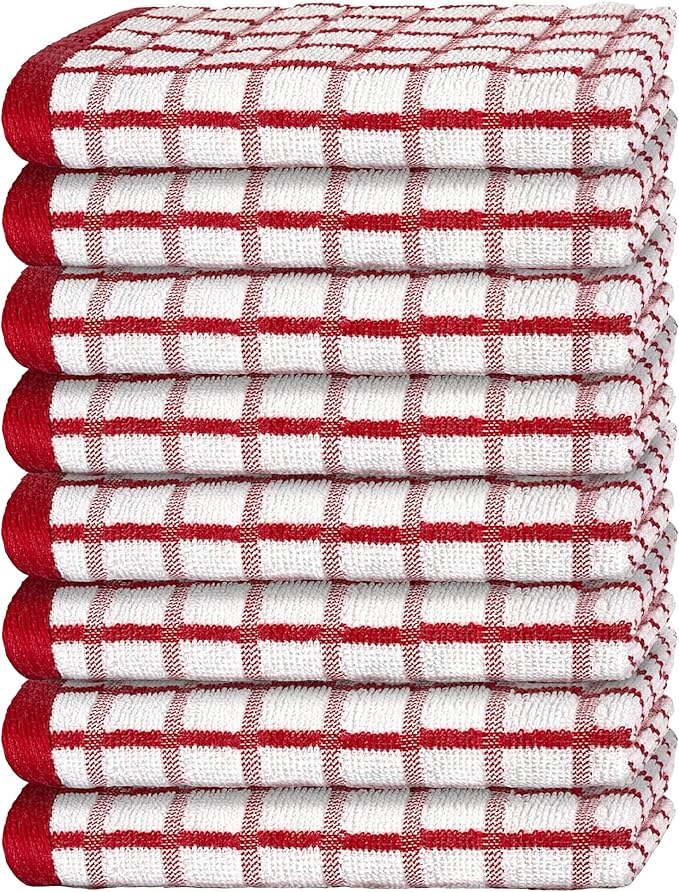 White Classic Premium Dish Towels for Kitchen, with Hanging Loop [8 Pack] Heavy Duty Absorbent 100% Cotton 410 GSM Terry Kitchen Towels, 16x26 (Red)