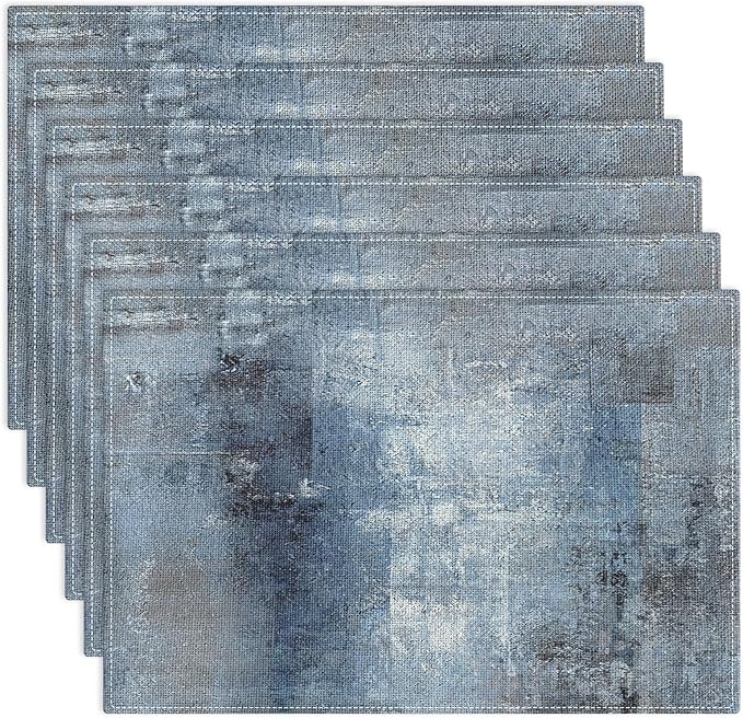 Emvency Farmhouse Placemats Set of 6,12x18 Inch Linen Rectangular Place Abstract Blue Vintage Modern Navy Table Mats for Indoors & Outdoor Home Party Kitchen Dining Decoration