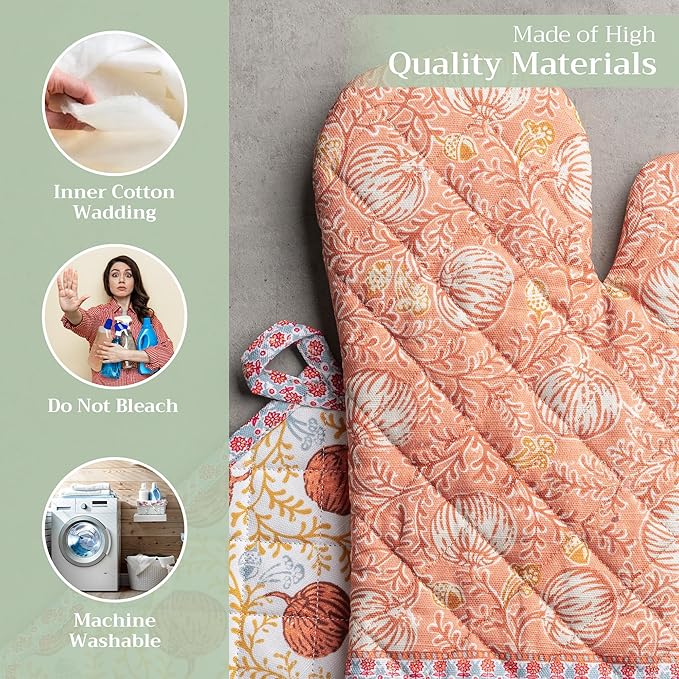 Maison d' Hermine 100% Cotton Oven Mitt & Pot Holder Set (7.5"x13" & 8"x8") Heat Resistant BBQ Cooking Gloves with Loop for Thanksgiving Christmas Decorations Handling Hot Pans (Harvest Festival)