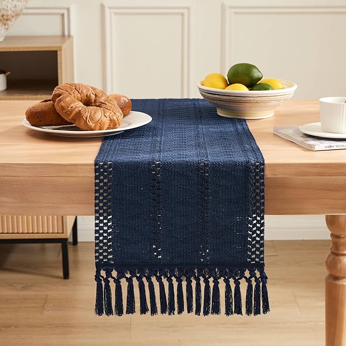 ZeeMart Macrame Style Boho Table Runner, Navy Table Runners 72 Inches Long, Farmhouse Woven Home Decor, 12x72 Inch, Navy Blue