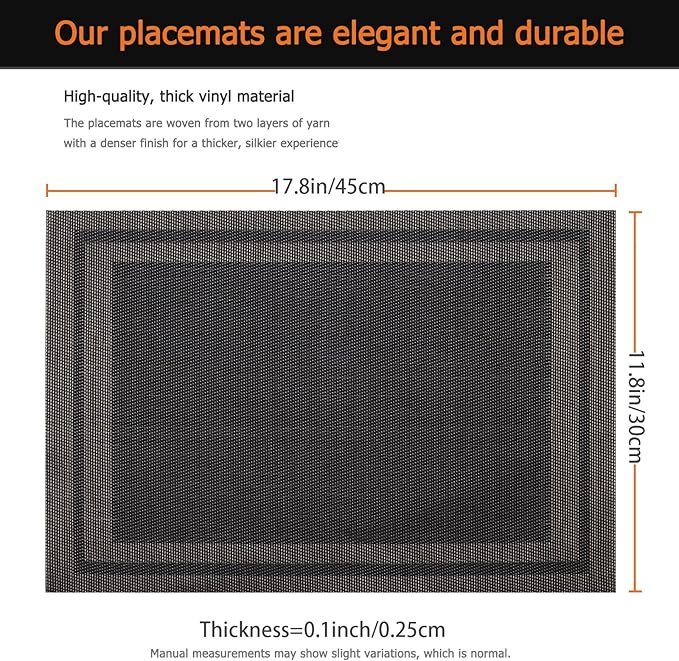 Placemats Set of 8 Washable&Wipeable Place mats for Dining Table Kitchen Indoor Outdoor Table Mats Heat Resistant Non Slip Woven Vinyl Table Placemats (Black，8PCS)