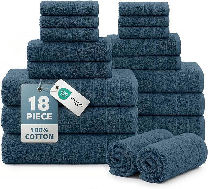 CASA PLATINO 100% Luxury Cotton Bathroom Towels Set - 18 Pc - Super Soft, Quick Dry & Highly Absorbent - 6 Bath, 6 Washcloth, 6 Hand Towels - Premium Hotel Quality, Ideal for Spa & Salons - Steel Blue