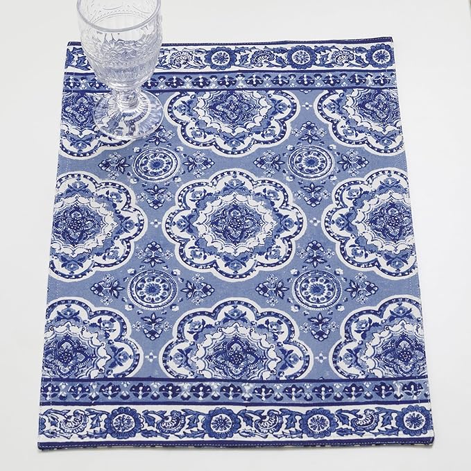 Maison d' Hermine Placemats Set of 4 100% Cotton Washable Cloth Place Mats Reusable Table Mats for Kitchen Dining Party Wedding Gifts for Mothers Day Spring/Summer (Melodie Bleue, 13" x 19")