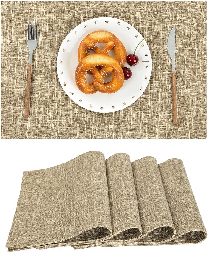SHACOS Fabric Placemats Set of 4 Washable Heat Resistant Place Mats Non Slip Double Layer Thickened Rustic Farmhouse Table Mats Indoor Outdoor, Khaki