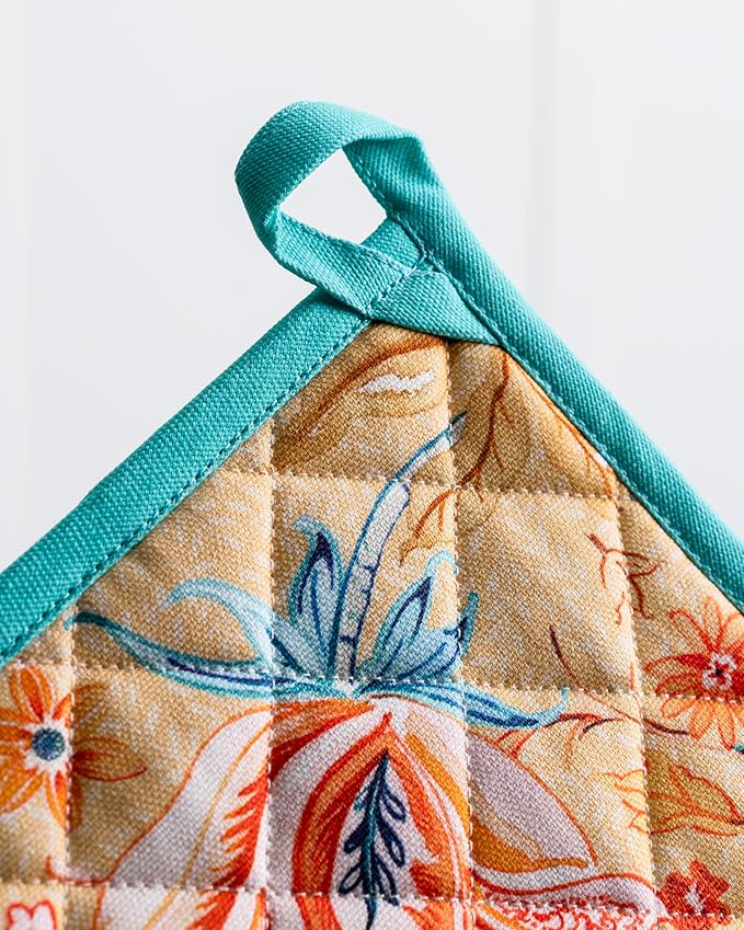 Maison d' Hermine Pot Holders 100% Cotton Heat Resistant Potholders 8" x 8" Hot Pads with Loop Cooking Baking Gifts for Mothers Day Handling Hot Pans Spring/Summer(Pack of 2, Luxury Loft - Peach)