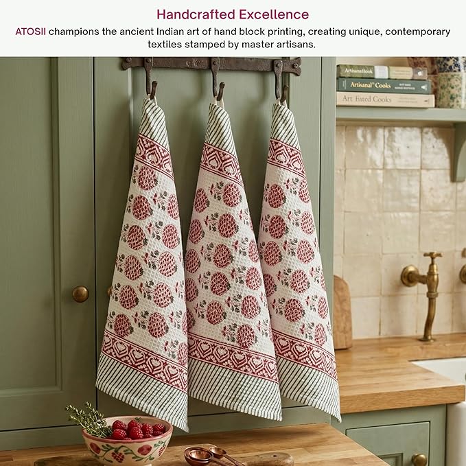 ATOSII 100% Cotton Hand Block Print Waffle Kitchen Towel, Set of 3, 18 x 26 Inches Ultra Absorbent Quick Dry Dish Towels, Lightweight Reusable Sustainable Tea Towels for Cleaning and Drying, Roma Red
