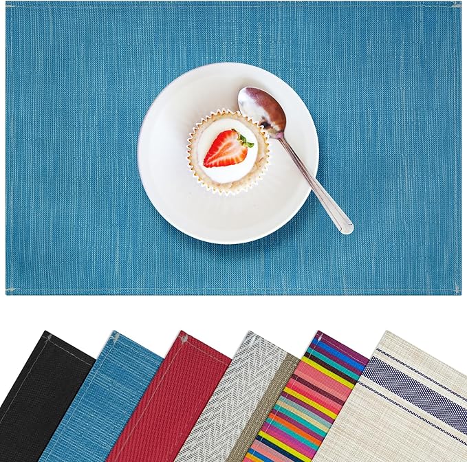 Blue Placemats Set of 4, 12x18 Inch Heat-Resistant Washable Easy to Clean Place Mats, Faux Linen Cloth Table Mats Suitable for Indoor/Outdoor Parties & Kitchen Decor (Blue)