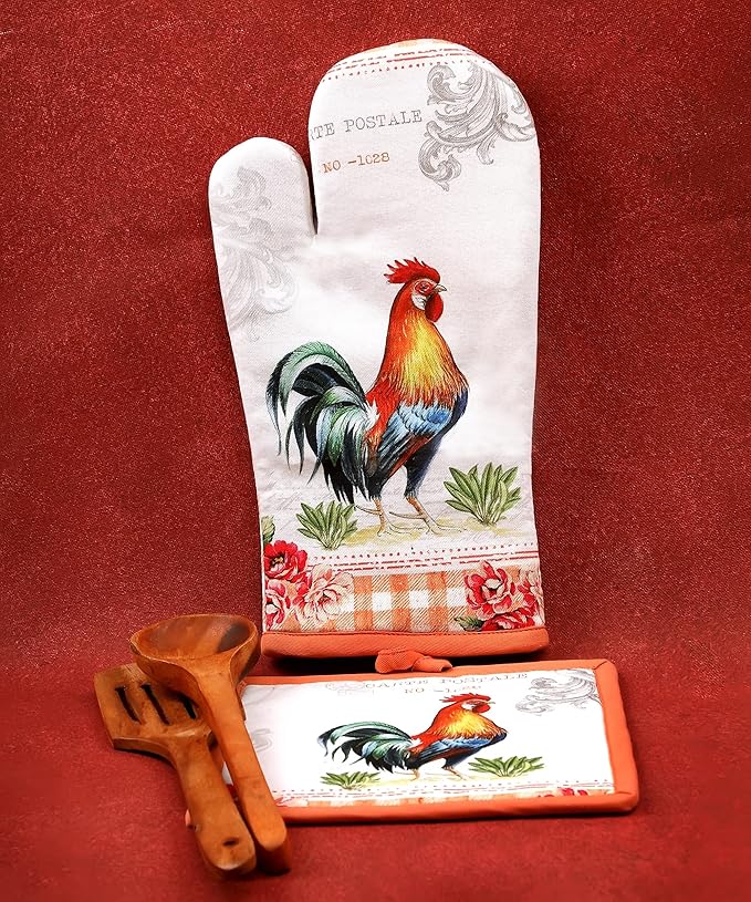 AMOUR INFINI Oven Mitts and Pot Holders Sets Heat Resistant, Non-Slip 1 Oven Mitt and 1 Pot Holder BBQ Party Baking Kitchen Set (Farm Rooster Design)