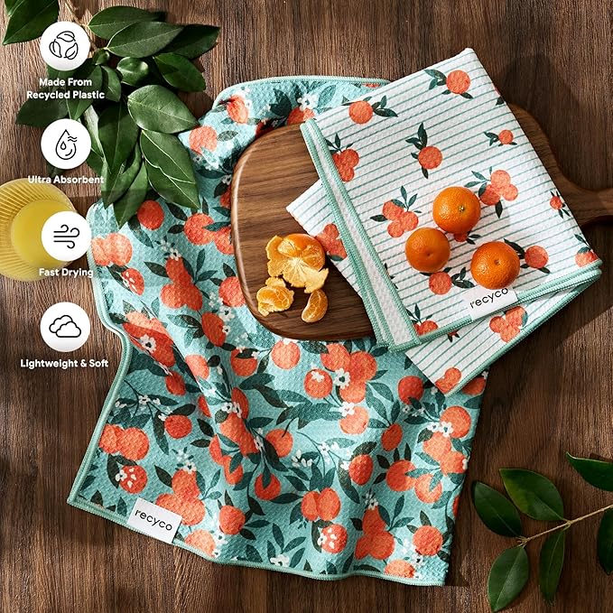 RECYCO Waffle Kitchen Towel Set of 2 - Quick Dry Microfiber Sustainable Dish Towels - Ultra Absorbent Reusable Cleaning Tea Towels - Lightweight Hand Towels,16”x 28”, Clementine Grove