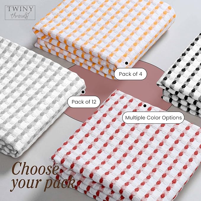 TWINY threads Multi Colors White Waffle Towels 4 Pack, 16x26 Inches Absorbent Waffle Weave Kitchen Dish Cloth Set, Soft, Durable & Machine Washable Tea Towel, Light Grey, Rust, Mustard Yellow, Black