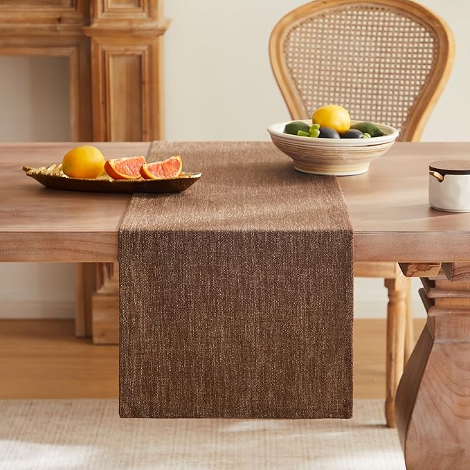 ZeeMart Rustic Cotton Linen Table Runner, 13x90 Inches Brown, Farmhouse Style Brown Table Runners 90 Inches Long, Washable Kitchen Dining Table Decoration for Home Party Decor