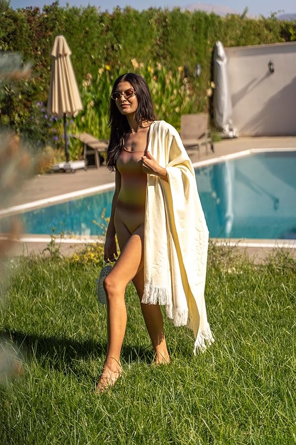 SOFE H&L | LINVIA Foutah Quick Dry Beach Towel Pack of 2 (35” x 70”) CARETTA - Yellow | Lightweight, Premium, Fade Resistant, Durable | Travel Towel, Turkish Beach Towel with Shoulder Strap