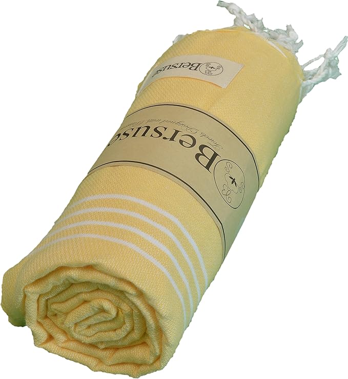 Bersuse Towels Anatolia XL Beach Blanket Throw Blanket Turkish Towel 100% Cotton Extra-Large Quick-Dry Lightweight Premium Peshtemal Towel - 61x82 Inches, Yellow (Set of 3)