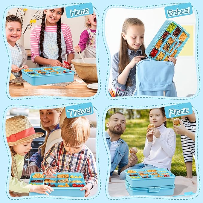 Xyptorix Snack Box Container for Kids - Adjustable 12-Compartment Snack Containers, Reusable Bento Box, Dishwasher Safe, BPA-Free, Perfect for School, Travel, Camping & Picnic, Blue, Large