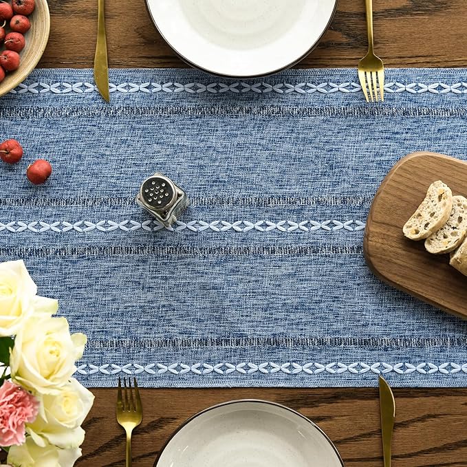 Artoid Mode Blue Rustic Cotton Linen Table Runner, Seasonal Embroidered Hollow Kitchen Dining Table Decoration for Home Party Decor 13x108 Inch