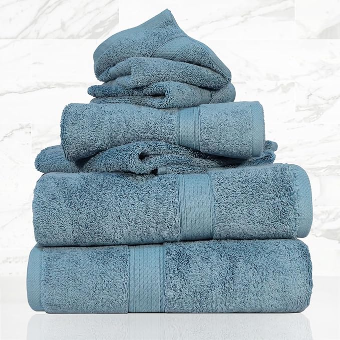 SUPERIOR Solid Egyptian Cotton Towel Set, Washcloths 13” x 13”, Hand Towels 20” x 30”, Bath Towels 30” x 55”, Denim Blue, 6-Pieces