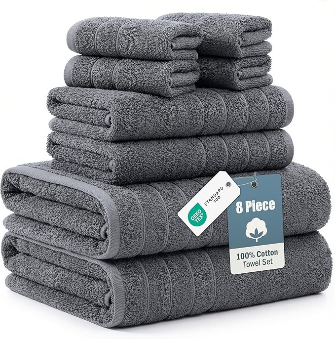 Casa Platino Premium Cotton Bath Towel Set 8 Pcs - Super Soft, Durable & Highly Absorbent - 2 Bath, 4 Washcloths, 2 Hand Towels for Bathroom - Oeko TEX Certified, Ringspun Tech & Hotel Quality - Grey