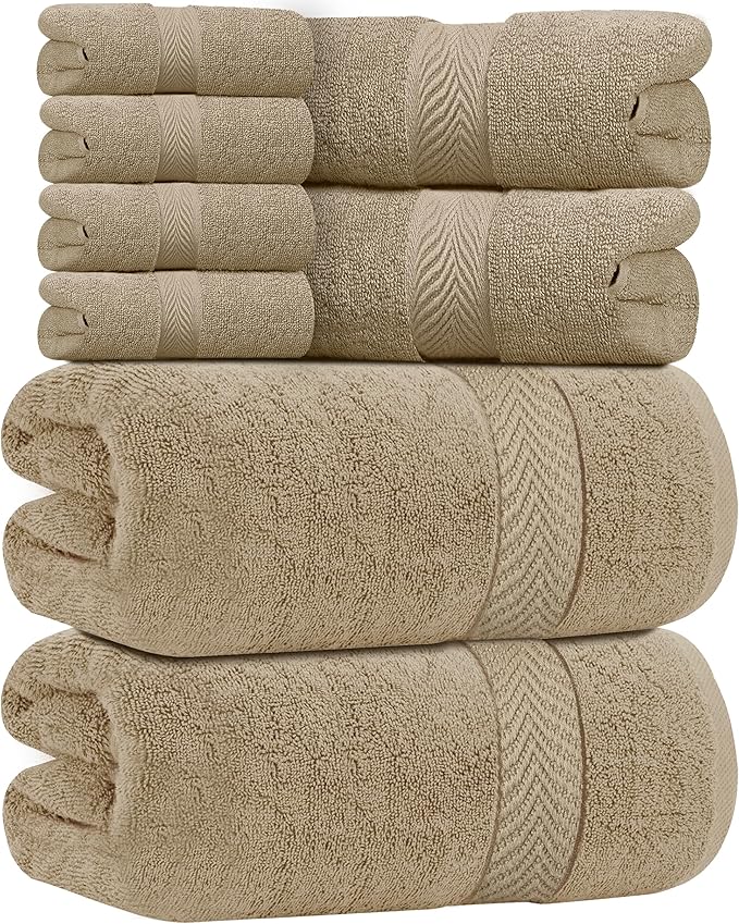 Oakias Premium Towel Set 600 GSM 8 Piece Beige - 100% Ring Spun Cotton Highly Absorbent Towels Set - Super Soft Bathroom Towel Set - Hotel Quality Double Stitched Hem - Ideal for Hotels, Spa, Gyms