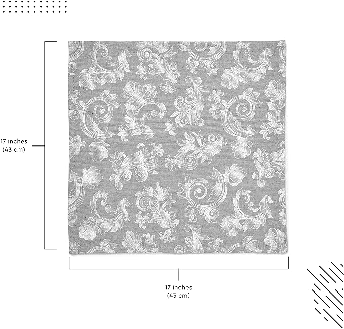 Encasa XO Grey Cloth Napkins Set of 6, 18x18 in | Floral Jacquard Homespun Cotton Dinner Napkins | Washable & Reusable Wedding Napkins for Holiday Dining, Parties, & Everyday Table Décor