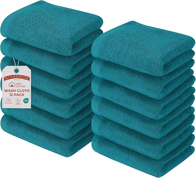 RIVERSIDE Pack of 12 Washcloths, 12 x 12 Inches, 100% Cotton, Premium Flannel Face Cloths, Highly Absorbent & Soft Feel Fingertip Towels (Teal, 12 Pack)
