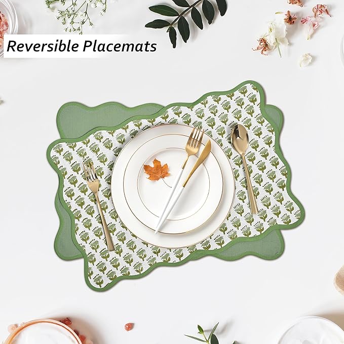 CPC Cotton Placemats Emerald Green Set of 4-Hand Block Printed Reversible Placemats, Flower Scalloped & Embroidered Cloth Table Mats - 14 x 20 inch Gift for Spring, Mother's Day