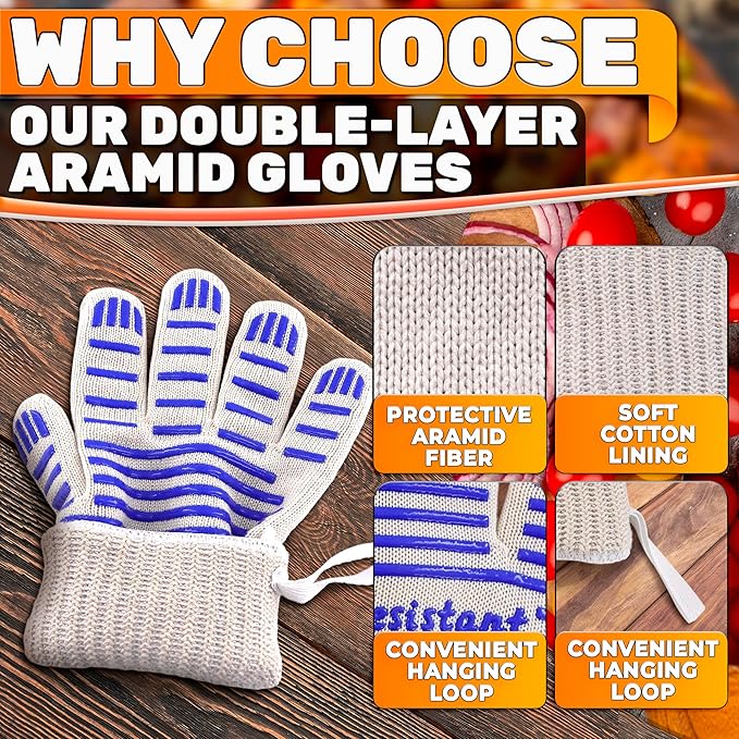 Heat Resistant Gloves - Aramid Oven Gloves with Fingers for Cooking & Grilling, Lightweight BBQ Gloves with Cotton Lining, Non-Slip 9.45x3.94 Kitchen Mitts for Baking & Frying, Kitchen Gift for Chefs
