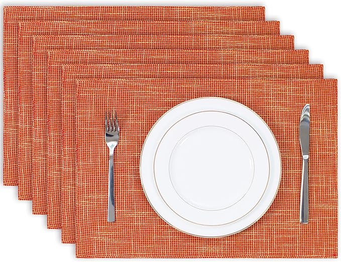Kevin Textile Burlap Linen Placemats Set of 6 Heat Resistant Dining Table Place Mats Washable Kitchen Table Mats for Dinning Party Holiday Indoor Outdoor, 13 x19 inches, Orange