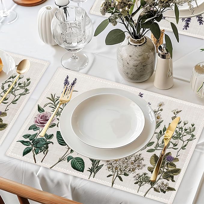 Vintage Flower Placemats Set of 6,Herb Plants Dinner Table Mats Non-Slip Washable Mats for Kitchen Dinner Party Tablemat 12x18Inch