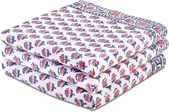 CPC Pink Sapphire Hand Block Print Waffle Kitchen Towel Set of 3-16 x28 Ultra Absorbent Quick Dry Microfiber Dish Towels Lightweight Reusable Sustainable Tea Towels for Cleaning and Drying