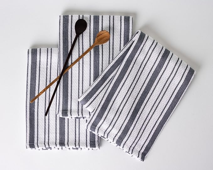Kitchen Towels Set – Pack of 6 (20’’ x 30’’) Extra Large Premium Cotton Dish Towels for Kitchen – Absorbent – 100% Cotton – with Hanging Loop – Dark Grey Multi Design Striped