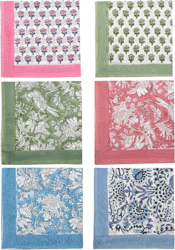 CPC Mix Border Indian Block Print Cotton Cloth Napkins Set of 4, 18x18 Reusable Everyday Napkins, Soft, Absorbent, Floral Dinner Napkin, Holiday, Party Gift, Spring,Mother's Day