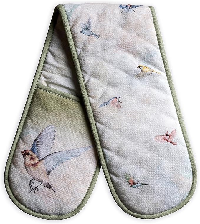 Maison d' Hermine Double Oven Mitts 100% Cotton 7"x35" Double Oven Mitt Heat Resistant BBQ Cooking Gloves with Loop Baking Grilling Gifts for Mothers Day Spring Summer (Flying Birds)