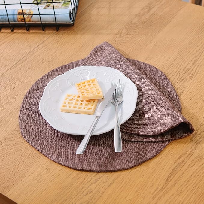 Set of 4 Round Placemat 15 Inch Soft Linen eco-Friendly Fabric Handcrafted Machine Washable Indoor & Outdoor Tablemat Coffee Brown