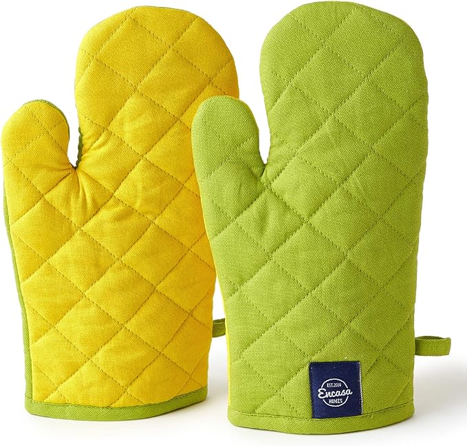 Encasa XO Heat Resistant Cotton Oven Gloves Mitts (2 Pc Set) - Quilted & Safe 12x6.6 in - for Kitchen, Cooking & Baking, Grilling, Handling Hot Pots & Pans - Lime Green