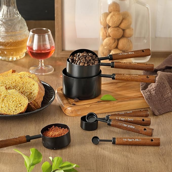 8PCS Measuring Cups and Spoons Set, DV Stainless Steel Measuring Cups with Ergonomic Wooden Handle for Cooking & Baking